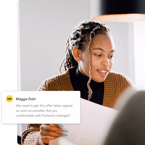 A notification prompts a user to review the hiring team's changes to an offer letter before it is sent to the candidate for signature.