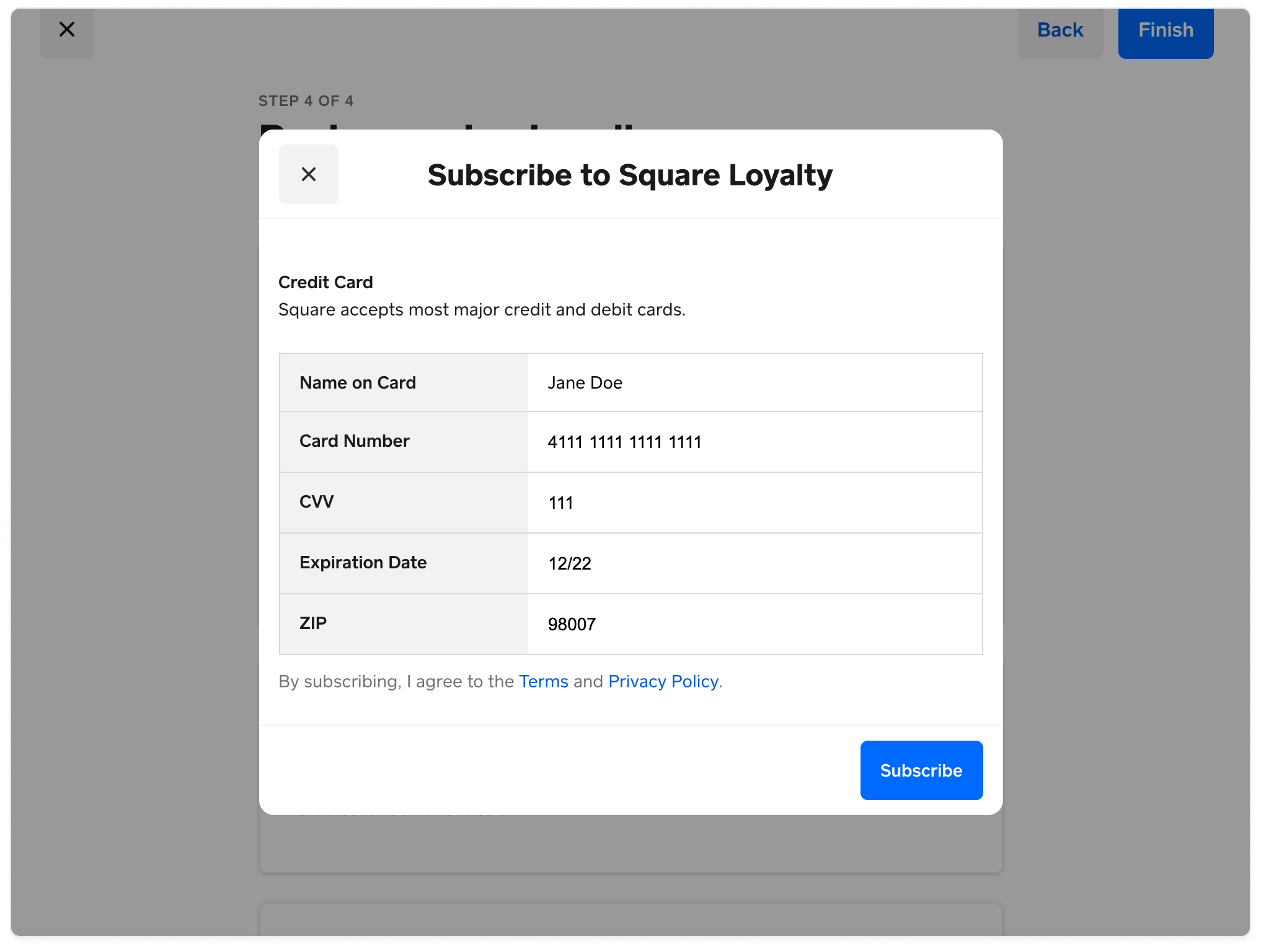 A screenshot showing where sellers can enter test credit card information.