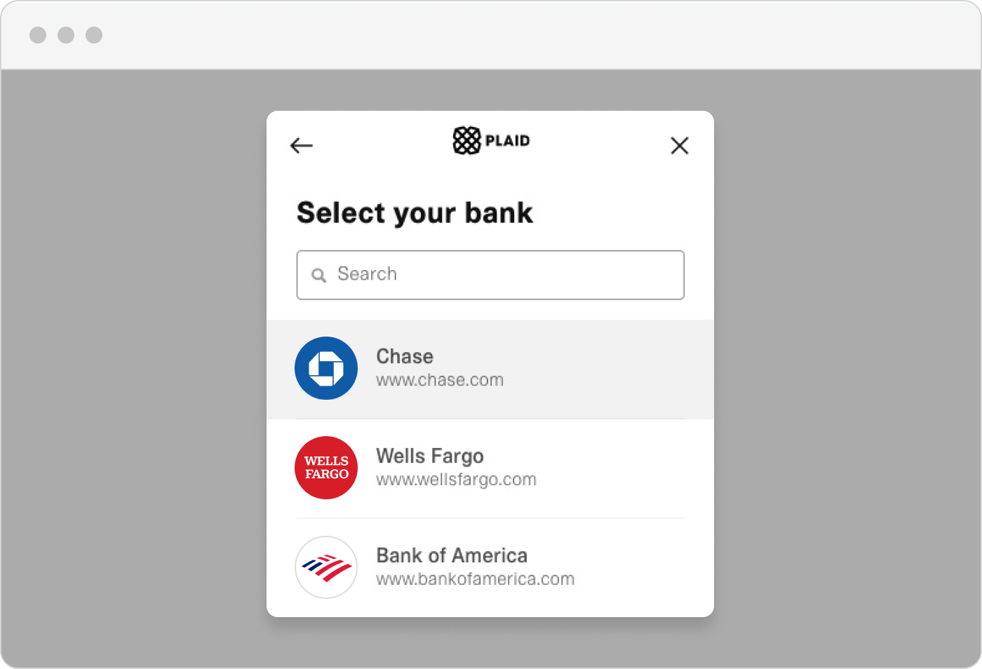 A graphic showing the Plaid ACH window that is rendered by the Web Payments SDK.
