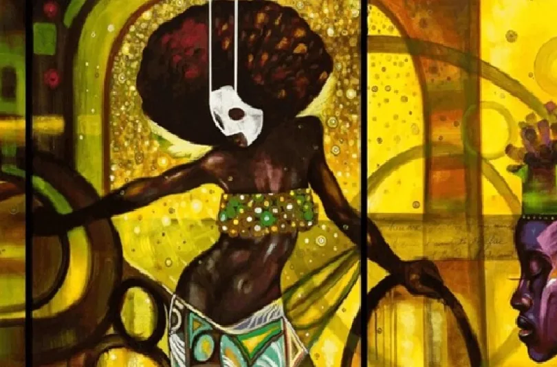 A graphic design of a black woman wearing a white mask and skirt with the face of an older black man in the background 