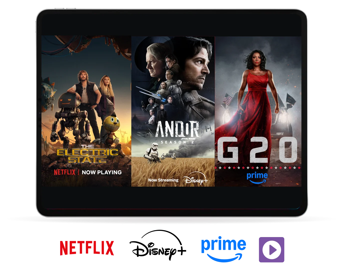 TELUS Stream+ tablet displaying ‘Electric State’ on Netflix, ‘Andor’ on Disney+ and ‘G20’ on Amazon Prime.
