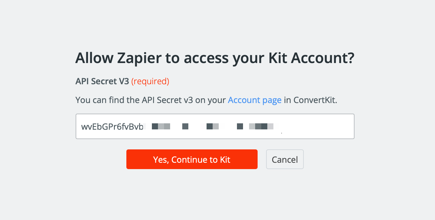 A pop up that says "Allow Zapier to access your Kit Account?"