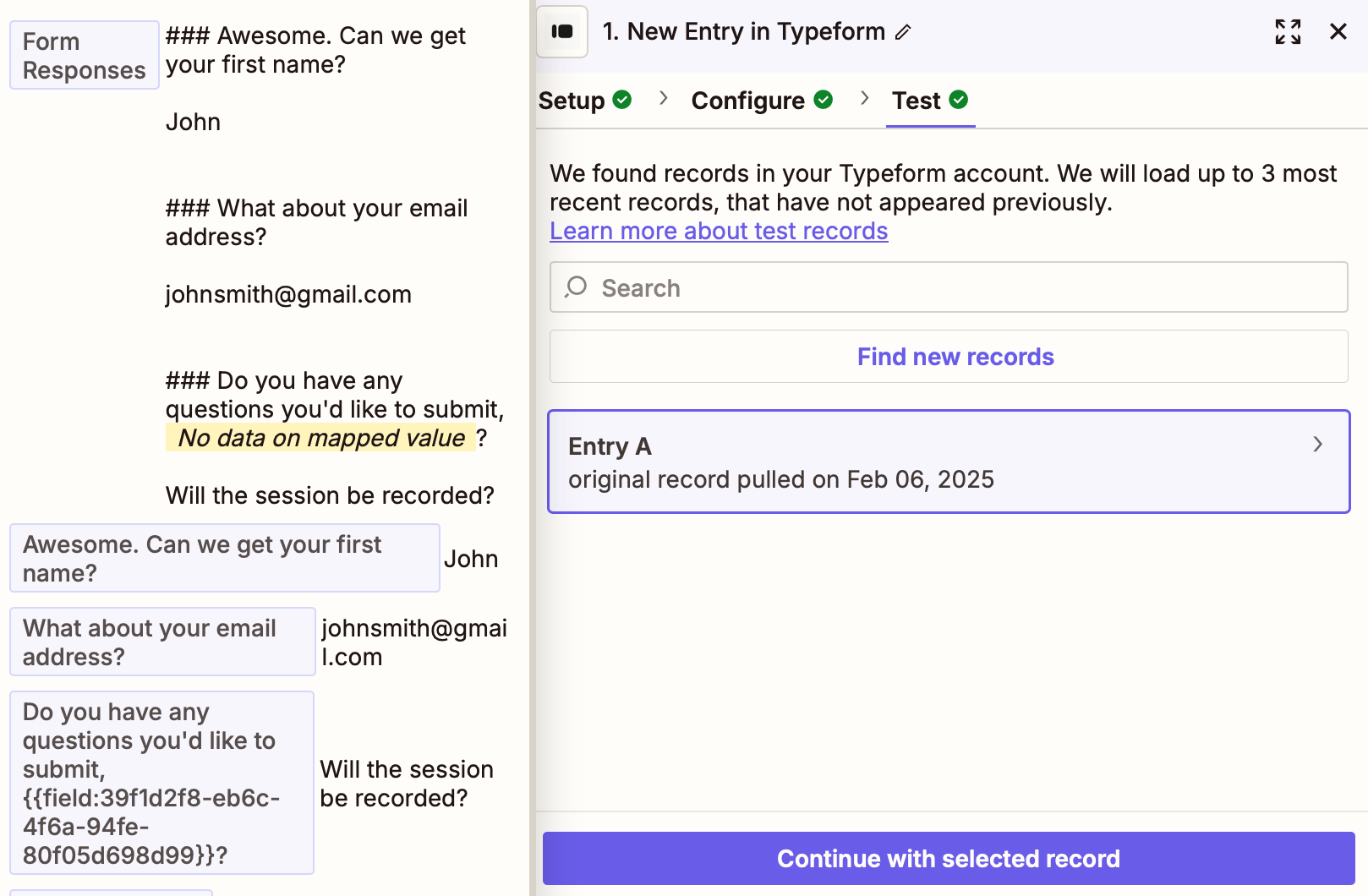 Sample Typeform data in a Zap trigger step.