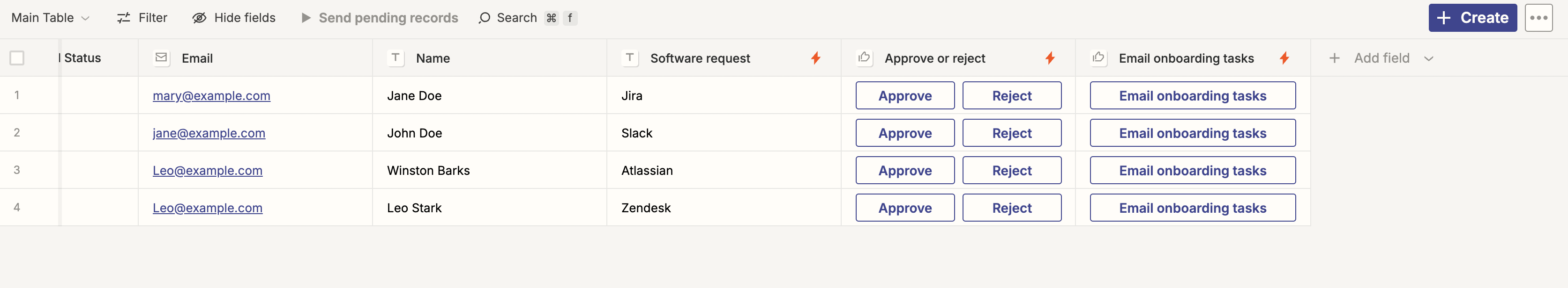 Screenshot of approvals process in Tables