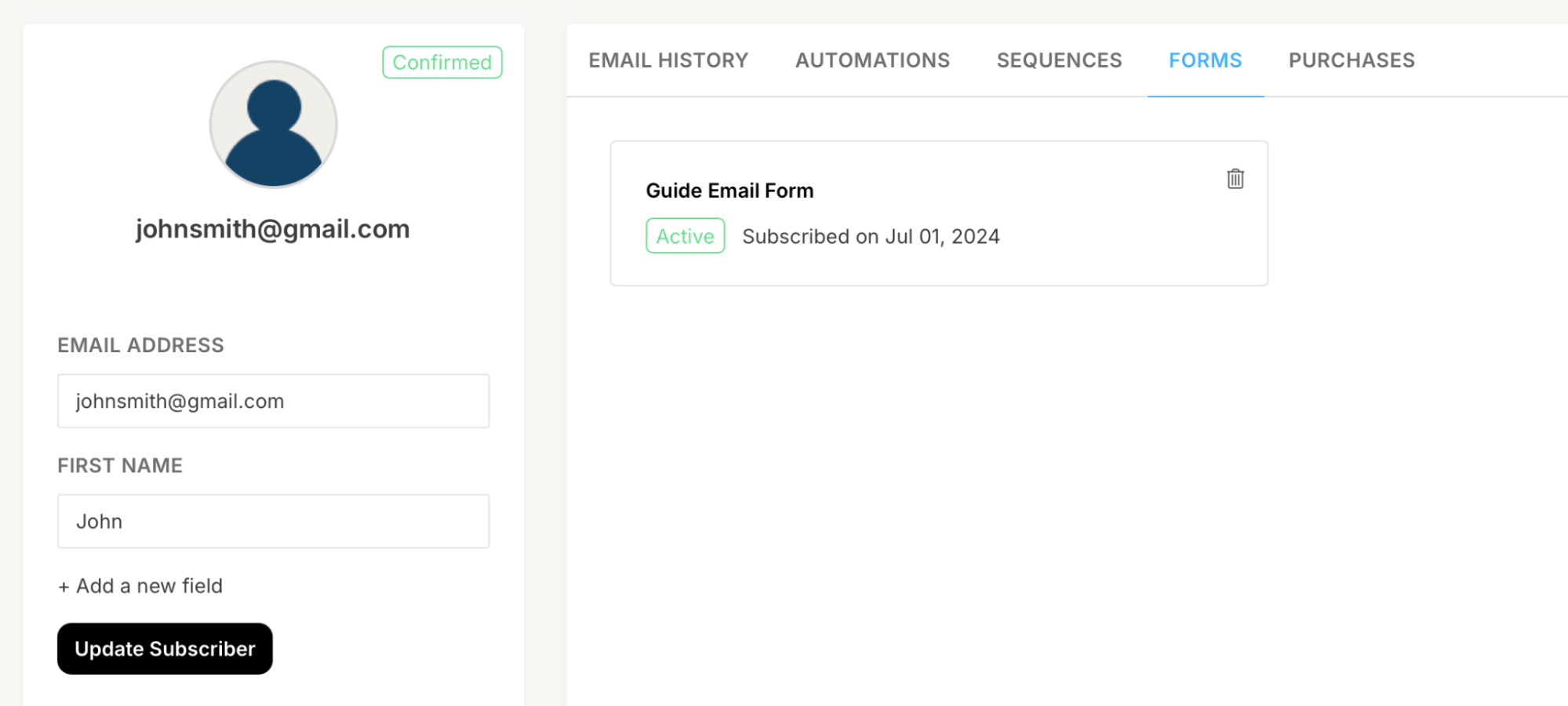 A subscriber profile in Kit for John Smith.