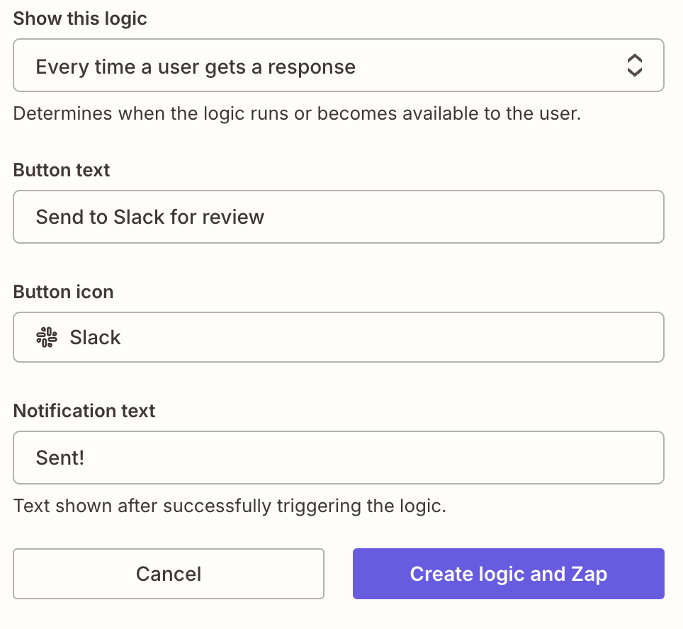 Screenshot of Zap button options