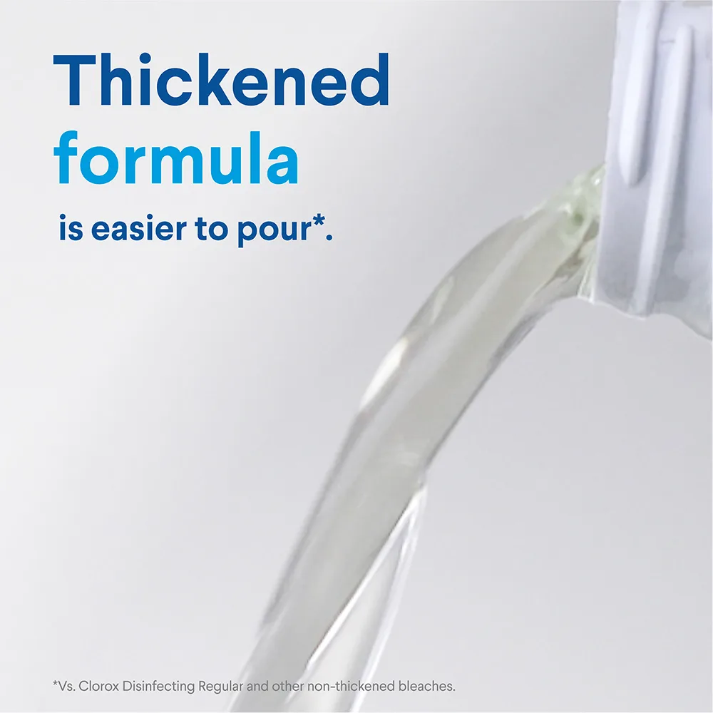 Clear liquid pours from a white plastic bottle with "Thickened formula is easier to pour" against a white background.