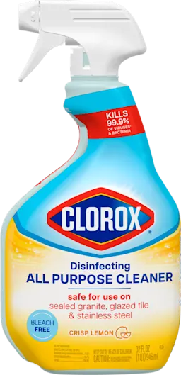A trigger spray bottle with blue and yellow product label that features the Clorox logo on the front.