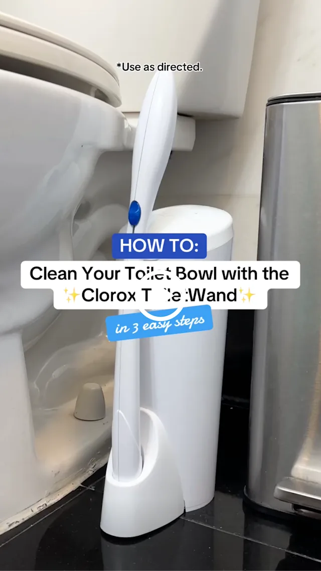 Clorox ToiletWand caddy and wand on a bathroom floor next to a clean white toilet with a How-To headline.