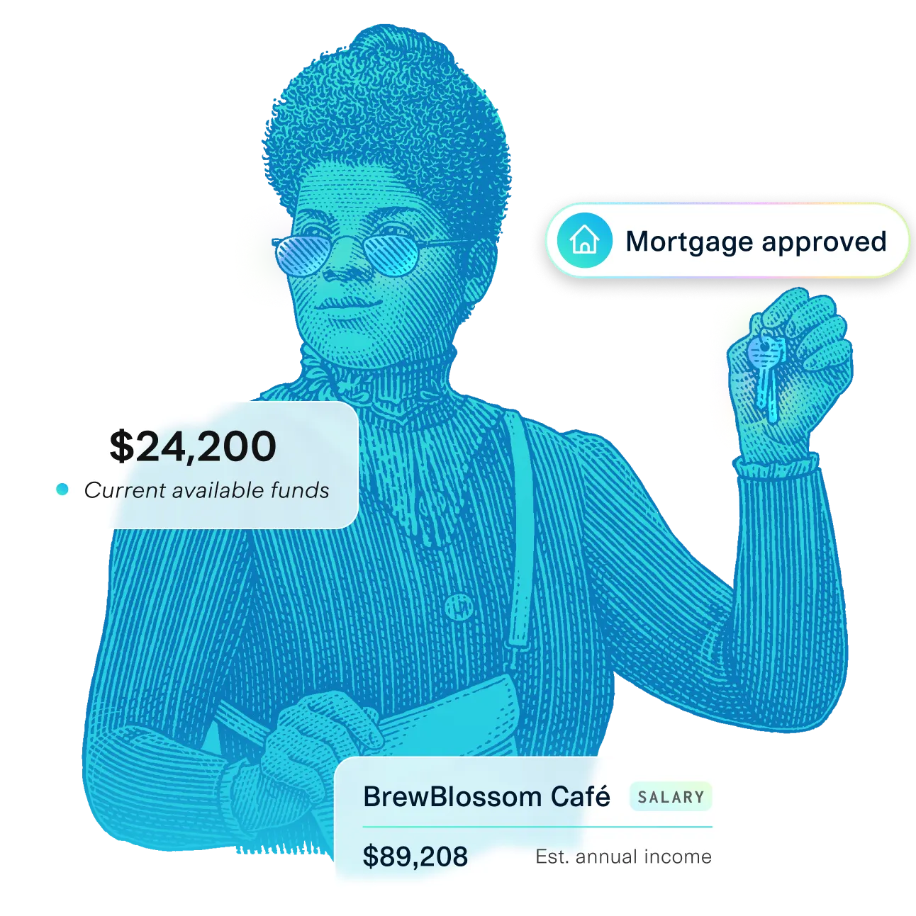 Vintage-style line illustration of a woman wearing glasses and holding a set of keys in one hand and a handbag in the other. The drawing is rendered in a blue gradient on a black background, symbolizing access, ownership, or empowerment, often associated with financial services or mortgage solutions.