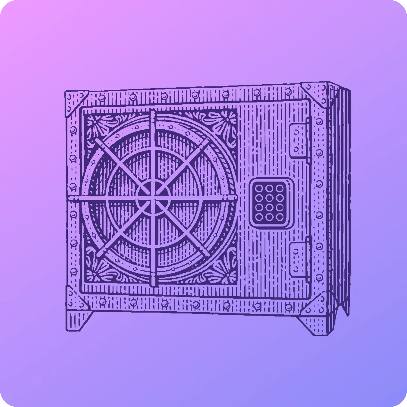 Illustration of a vintage-style secure safe with a modern keypad lock, drawn in a blue-to-purple gradient. The image is set against a rounded square background with a navy border, symbolizing user control, digital asset protection, and security of personal financial data.
