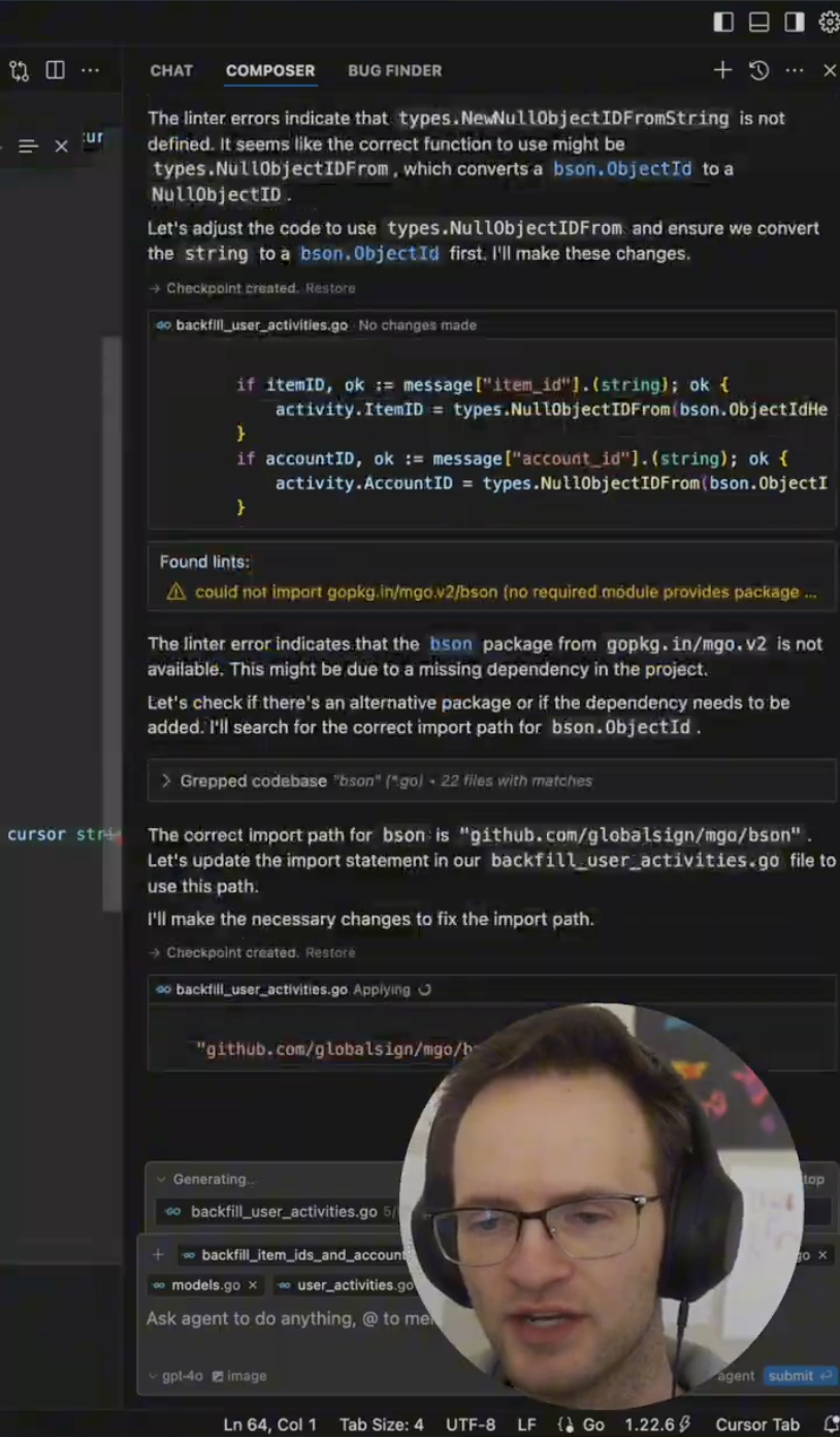 Developer using AI coding assistant to resolve Go linter errors and update BSON import paths